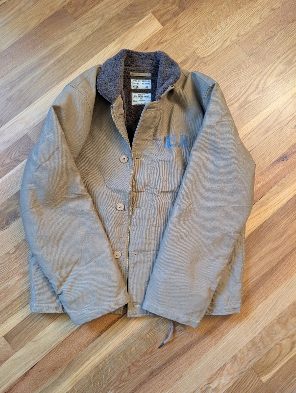 USN 1940s Replica Olive Deck Jacket with Sherpa Lining